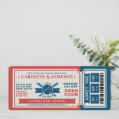 Red Vintag Baseball Ticket Couples Kinderdusche Einladung (Stehend Vorderseite)