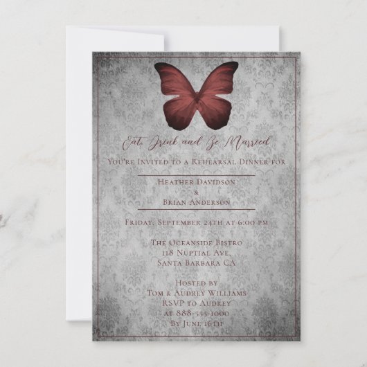 Red Vintag Butterfly Damask Probe Dinner Einladung (Vorderseite)