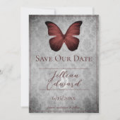Red Vintag Butterfly Damask Save the Date Ankündigung (Vorderseite)