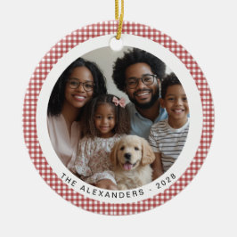 Red Vintag Gingham Family Christmas 2 Fotos Keramik Ornament