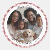 Red Vintag Gingham Holiday Foto Round Runder Aufkleber (Vorderseite)