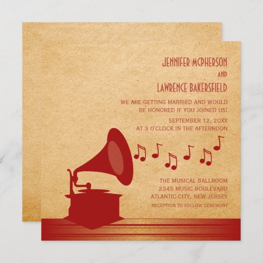 Red Vintag Gramophone Wedding Einladung (Vorne/Hinten)