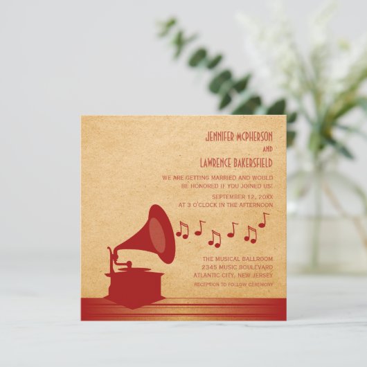 Red Vintag Gramophone Wedding Einladung (Stehend Vorderseite)