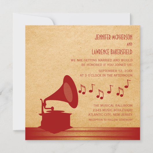 Red Vintag Gramophone Wedding Einladung (Vorderseite)