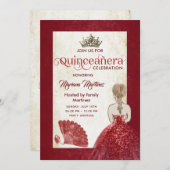 Red Vintag hand fan tiara Quince Einladung (Vorne/Hinten)