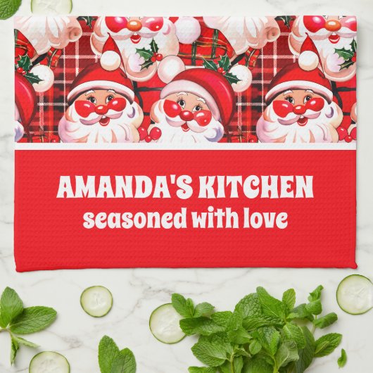 Red Vintag Santa Claus Tartan Karierte Weihnachten Geschirrtuch (Gefaltet)
