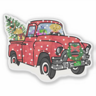 Red Vintag Snowy Xmas Truck mit Golden Retriever Aufkleber