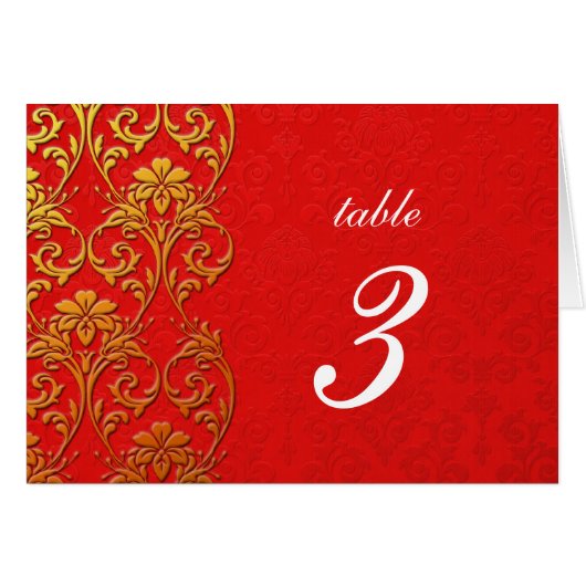 Red Vintag Swirl Damask Wedding Tischnummer (Vorderseite (Horizontal))