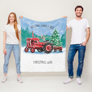 Red Vintag Tractor w/ Christmas Tree Name Fleecedecke