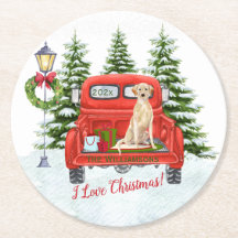 Red Vintag Truck Labrador Retriever Snow Familienn