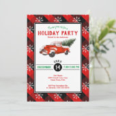 Red Vintag Truck Weihnachten Karierter Feiertag Einladung (Stehend Vorderseite)