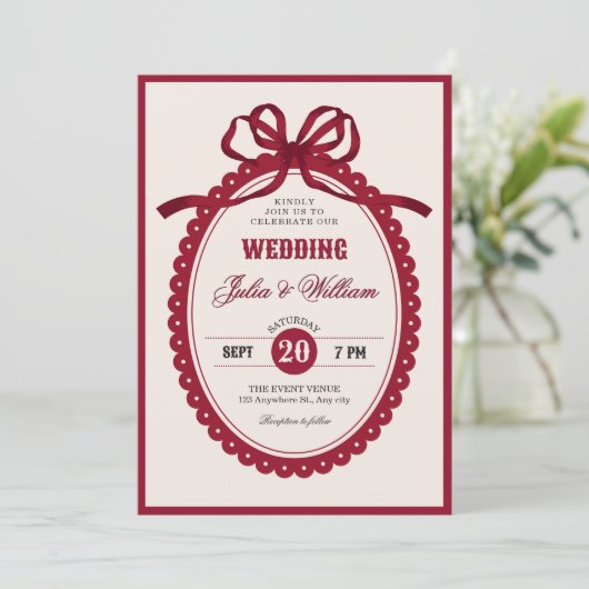 Red vintage bow wedding einladung (Stehend Vorderseite)
