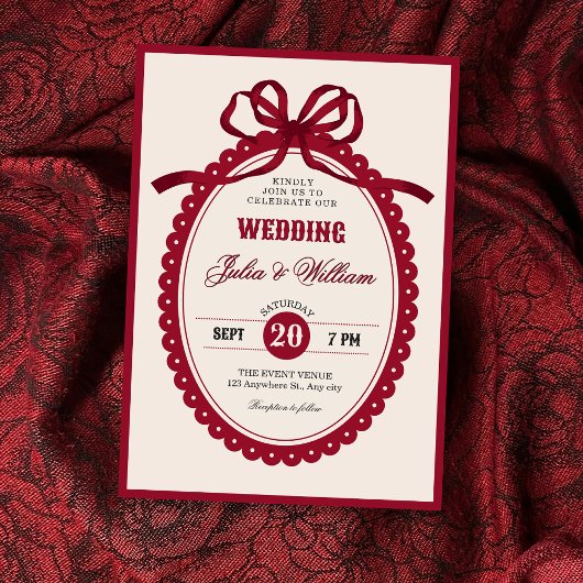 Red vintage bow wedding einladung