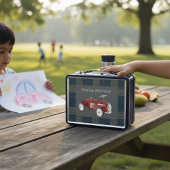 Red Vintage Racecar Plaid Boy's Name Lunchbox