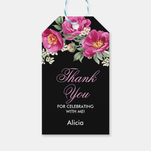 Red Violet Peony Floral Greenerity Black Danke Geschenkanhänger (Vorderseite)