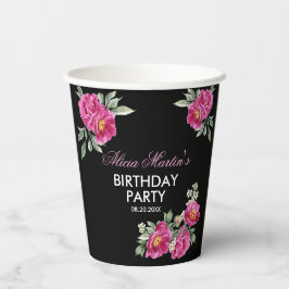 Red Violet Peony Floral Greenery Black Birthday Pappbecher