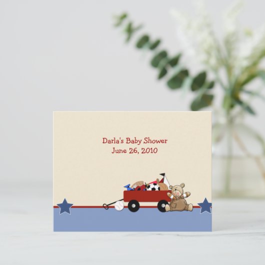 Red Wagon Teddy Bear Baby Shower Admin Cards Hinweiskarte (Stehend Vorderseite)