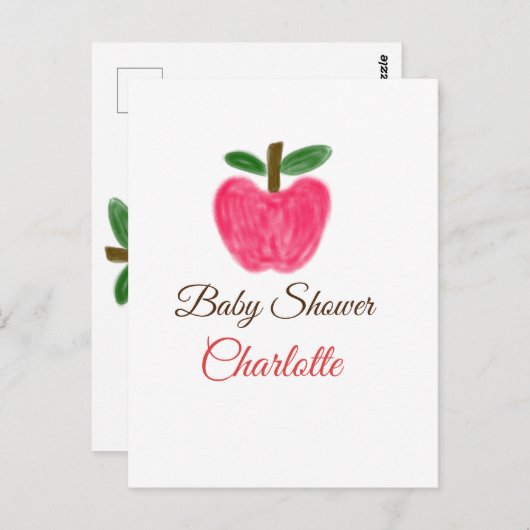 Red Watercolor Apfel Babydusche tragen Namen Postkarte (Vorne/Hinten)