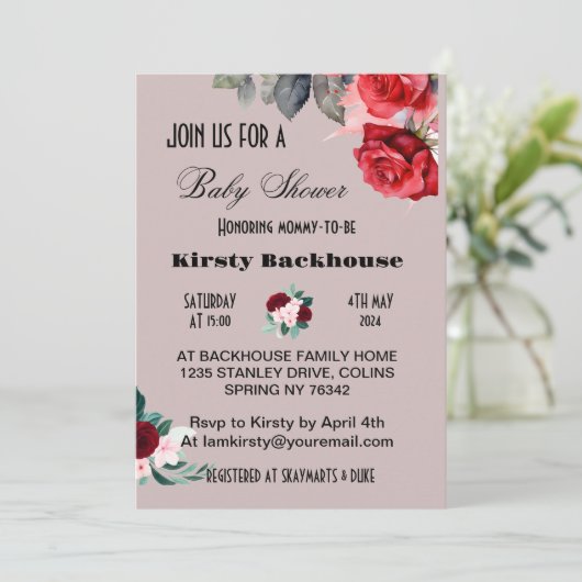 Red Watercolor Blume Babydusche Einladung (Stehend Vorderseite)