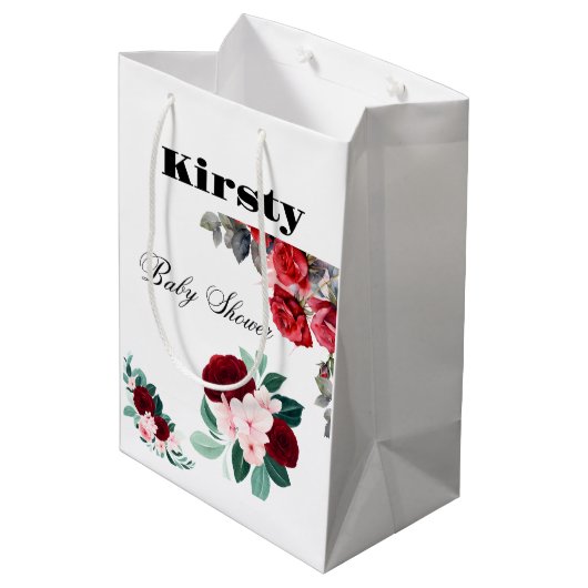 Red Watercolor Blume Babydusche Mittlere Geschenktüte (Rückseite Schrägansicht)