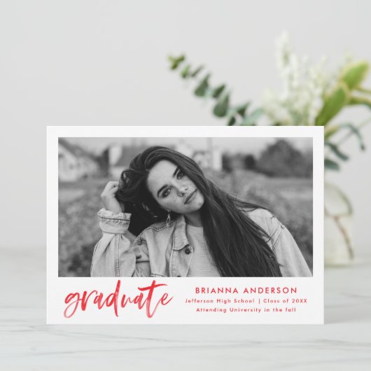 Red Watercolor Brush Script Graduation Party Einladung (Stehend Vorderseite)