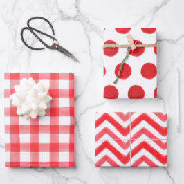 Red Watercolor Dots Gingham Wrapping Paper Geschenkpapier Set