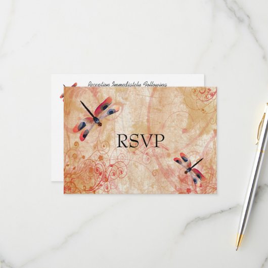 Red Watercolor Dragonflies Hochzeitsempfang UAWG RSVP Karte (Vorderseite/Rückseite Beispiel)
