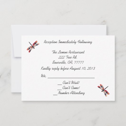 Red Watercolor Dragonflies Hochzeitsempfang UAWG RSVP Karte (Rückseite)
