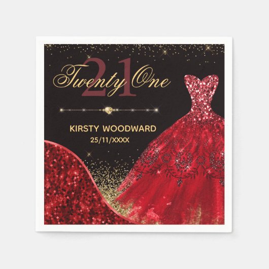 Red Watercolor Dress & Red Wave Edge 21. Geburtsta Serviette (Vorderseite)