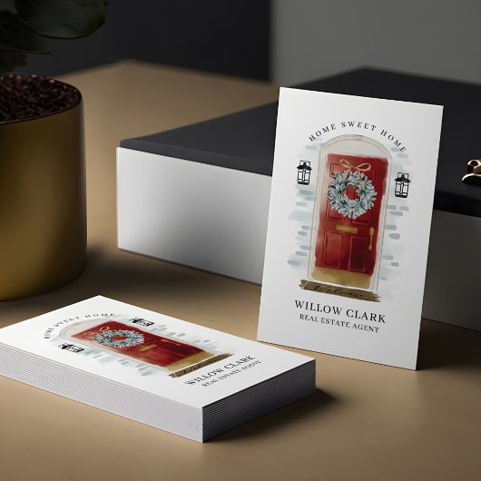 Red Watercolor Front Door Wreath Real Anwesen Visitenkarte