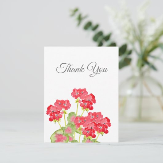 Red Watercolor Geranias 2 Dankeskarte (Stehend Vorderseite)