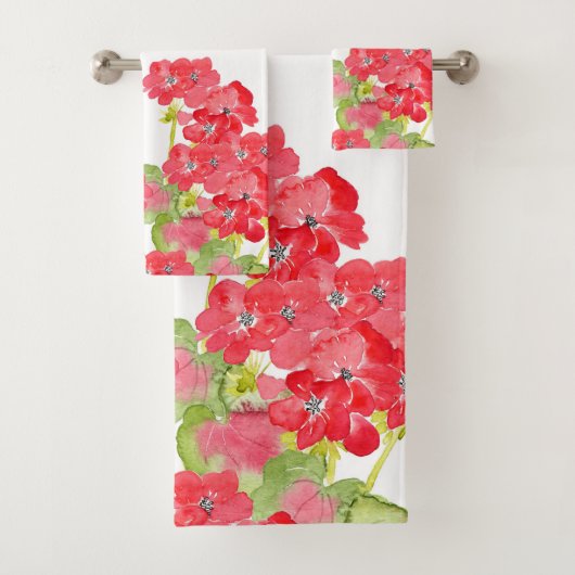 Red Watercolor Geranias Badhandtuch Set (Insitu)