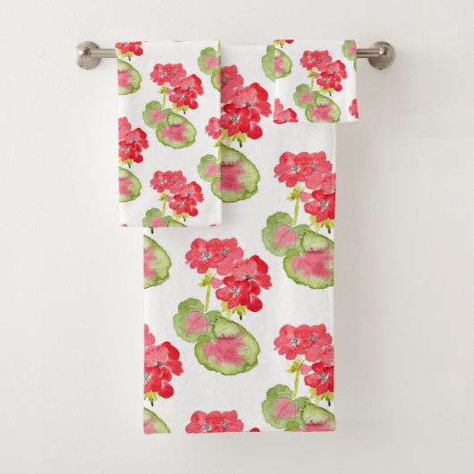 Red Watercolor Geranium Pattern Badhandtuch Set (Insitu)