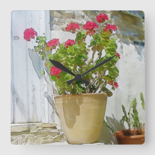 Red watercolor geranium quadratische wanduhr (Vorderseite)