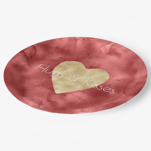 Red Watercolor Gold Heart Pappteller (Schrägansicht)