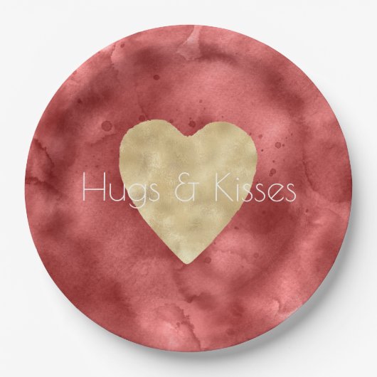Red Watercolor Gold Heart Pappteller (Vorderseite)