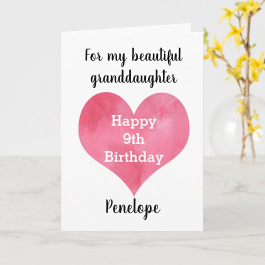 Red Watercolor Heart 9th Birthday Card Karte (Gelbe Blume)