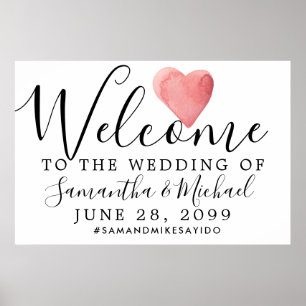 Red Watercolor Heart Modern Wedding Willkommenszei Poster