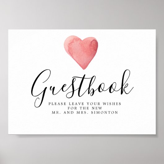 Red Watercolor Heart Wedding Gästebuchunterschrift Poster (Vorne)