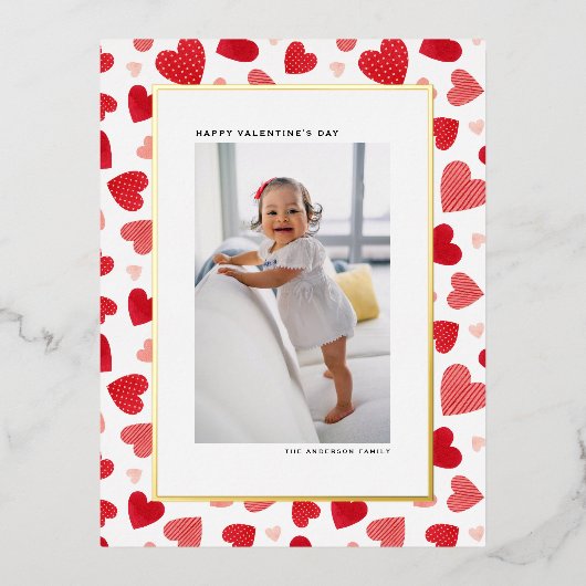 Red Watercolor Hearts Foto Glücklicher Valentinsta Folien Feiertagspostkarte (Vorderseite)