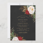 Red Watercolor Peonies Floral Black Gold Hochzeit Einladung (Vorderseite)