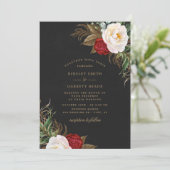 Red Watercolor Peonies Floral Black Gold Hochzeit Einladung (Stehend Vorderseite)