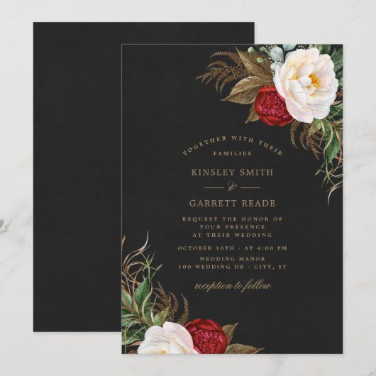 Red Watercolor Peonies Floral Black Gold Hochzeit Einladung (Vorne/Hinten)