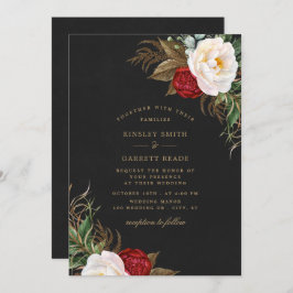 Red Watercolor Peonies Floral Black Gold Hochzeit Einladung