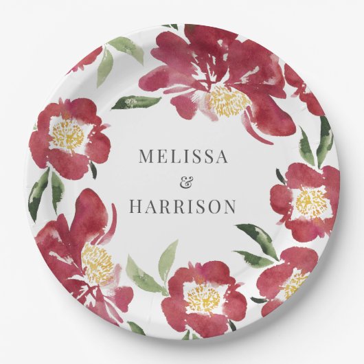 Red Watercolor Peony Wedding Pappteller (Vorderseite)