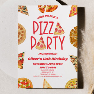 Red Watercolor Pizza Party Geburtstagsparty Einladung