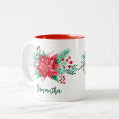 Red Watercolor Poinsettia Weihnachtsfeierliche Blu Zweifarbige Tasse (Vorderseite Links)