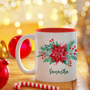 Red Watercolor Poinsettia Weihnachtsfeierliche Blu Zweifarbige Tasse