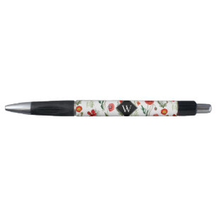 Red Watercolor Poppies Florals Monogram Kugelschreiber