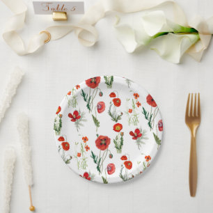 Red Watercolor Poppies Florals Pappteller